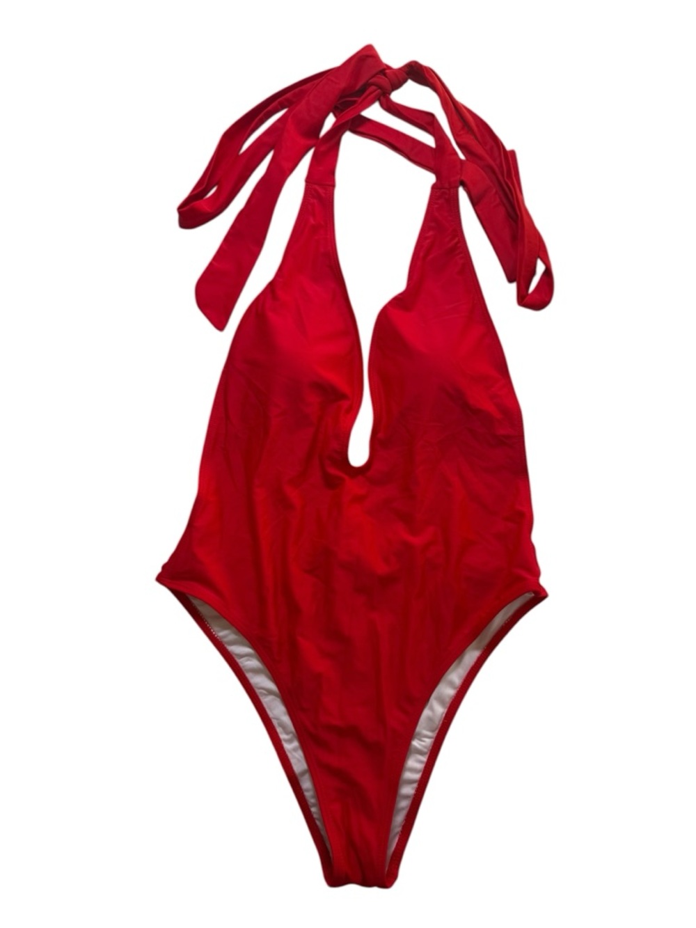 SHEIN Red Halter One-Piece deep plunge  Swimsuit with Keyhole